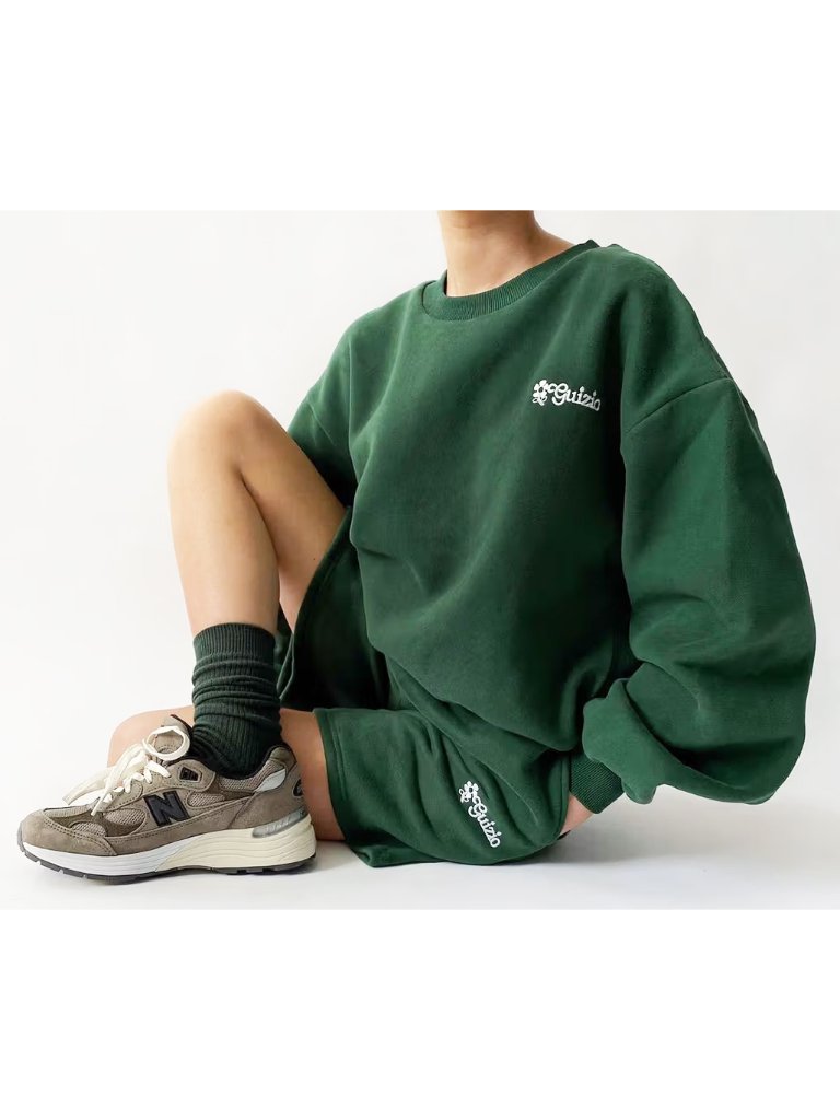 Danielle Guizio Green Fleece Floral Logo Oversized Sweatshirt Shorts Set S